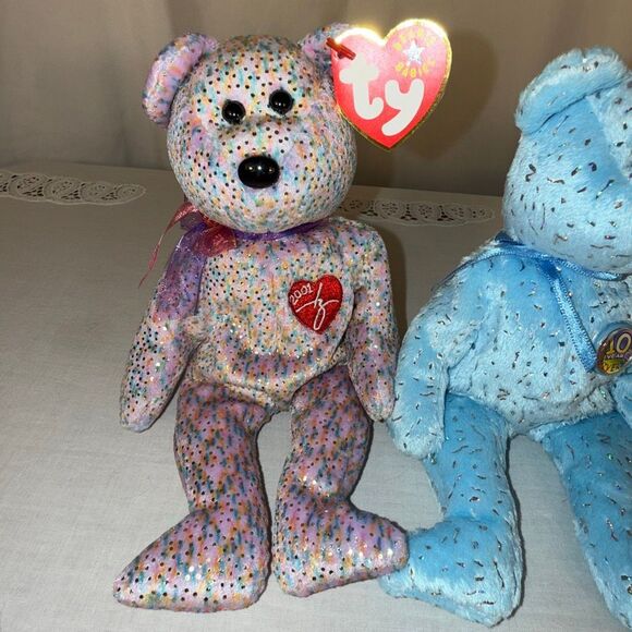 TY Beanie Baby Trio – Signature 2001 & Decade 2003 Bears – Confetti, Blue & Red - Picture 2 of 13